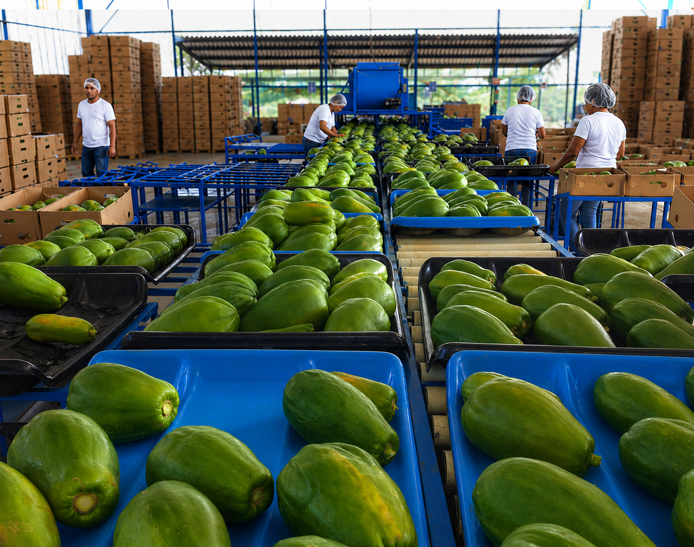 Empaque de exportación en charolas, planta de clasificación — Viva Papaya
