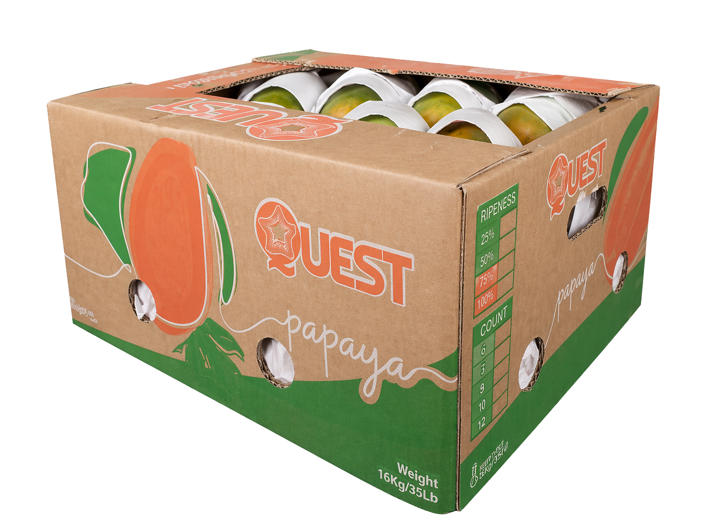 Caja de cartón Quest — presentación exportación — Viva Papaya