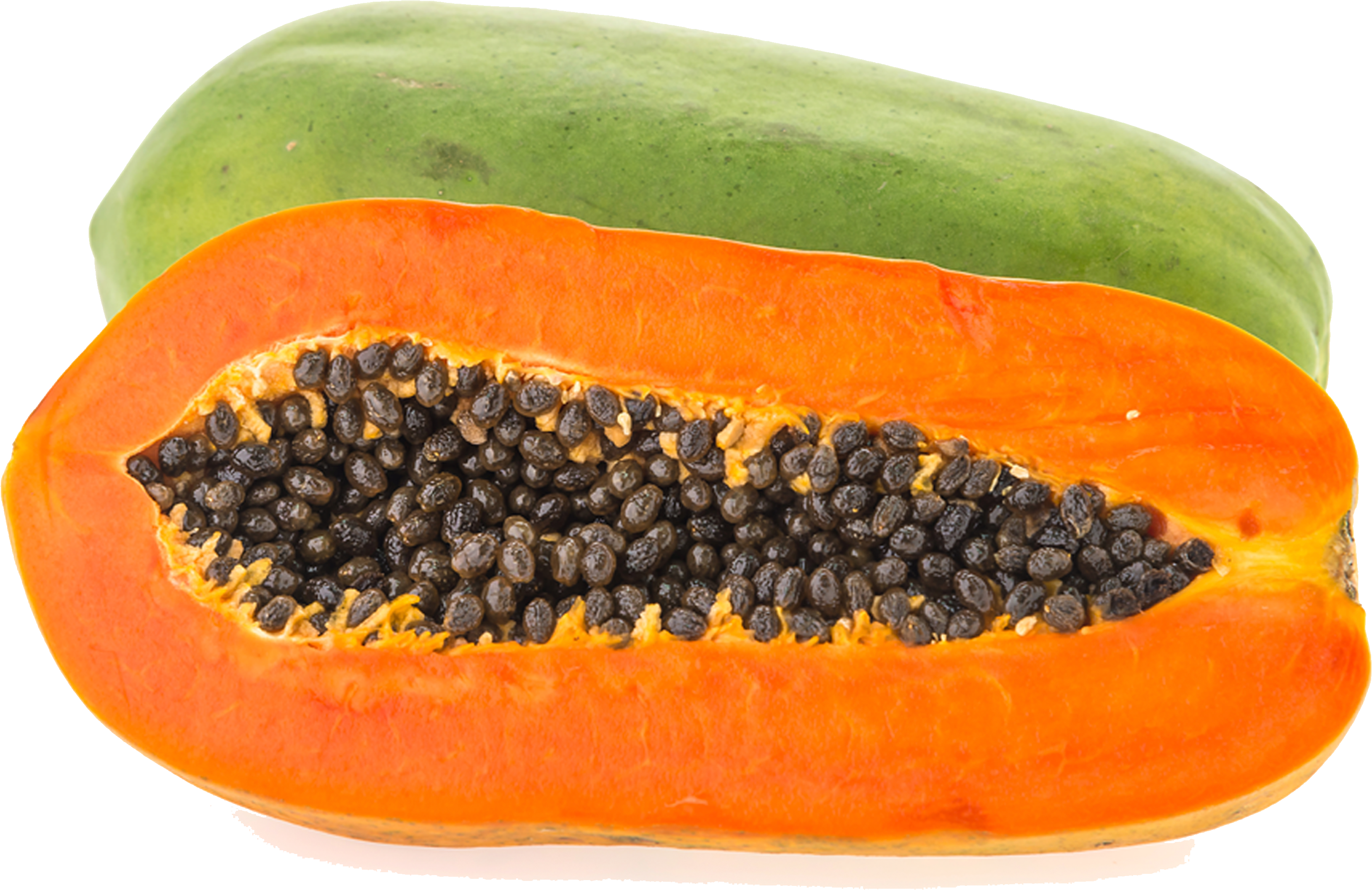 Papaya maradol partida al medio con pulpa naranja y semillas