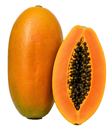 Variedad Imperial: papaya entera y mitad con pulpa anaranjada
